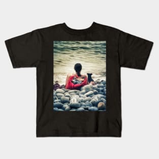 Woman Dog Sea Stones Beach Italy Kids T-Shirt